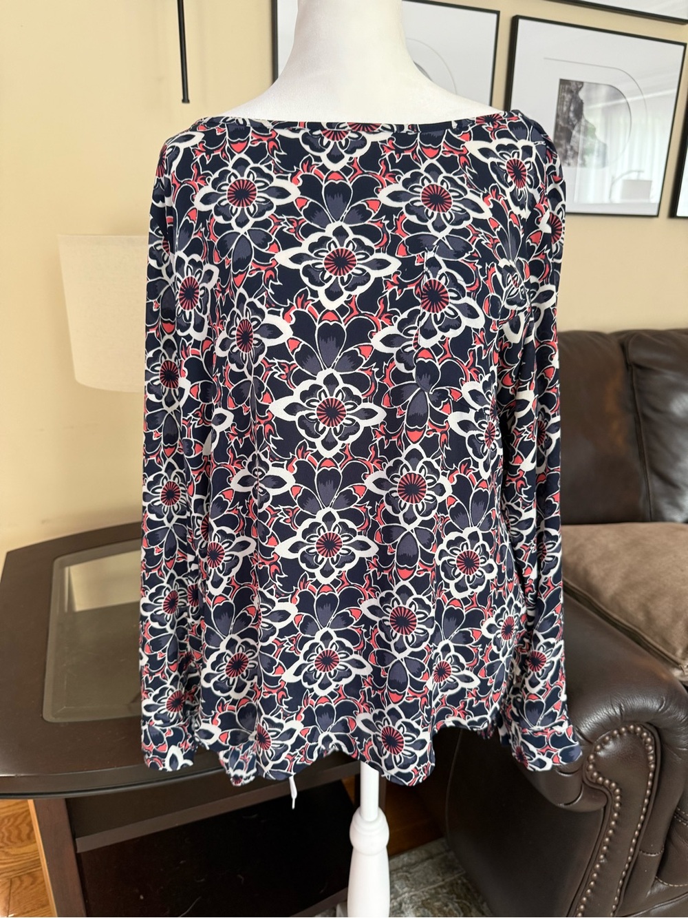LOFT Navy Floral Long-Sleeve Boatneck Top with Pink Accents